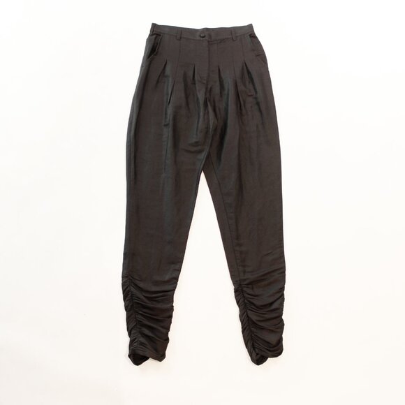 Jacquemus-Inspired Black Linen Trousers | Pleated High Waist + Ruched Hem - Picture 2 of 8